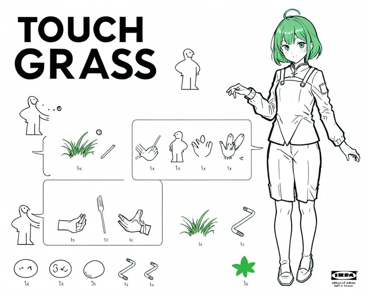 touch grass text <lora:ikea_instructions_xl_v1_5:1.1> anime lady green