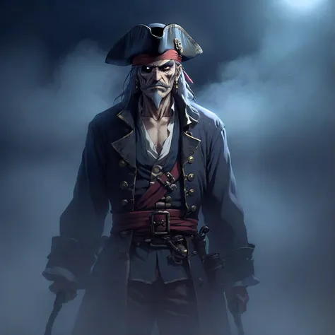 anime drawing of an old pirate stood in a foggy dark atmosphere at night,