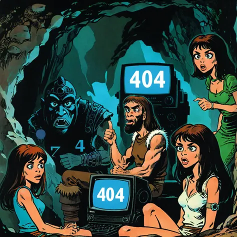 brlla1 ajanicki, In a cave, a caveman and a woman are sitting in front of an old computer, with large text on the screen: "404" (text: "404"), they are angry and surprised<lora:ajanicki:1> <lora:brlla1:0.6>