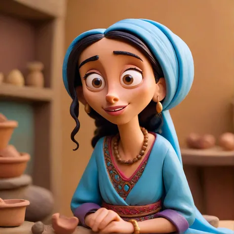 Aardman claymation style a beautiful middle-eastern woman . Clay sculpted, jerky stop motion, eccentric character designs, humorous antics