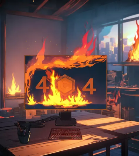 anime artwork (a burning pc monitor, on an table in an empty room), ((404 error page on screen)), (smoke, dark room) . anime style, key visual, vibrant, studio anime, highly detailed