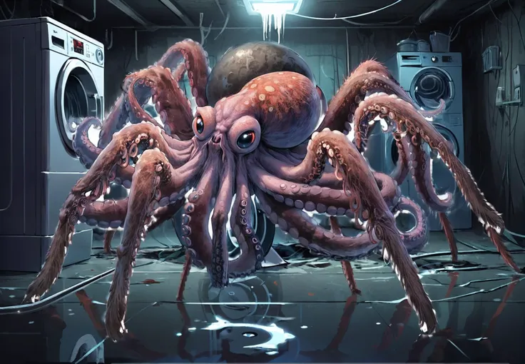 concept art (spider monster with octopus head:1.3), hairy legs, face tentacles, dim basement floor, washing machine (looming over spider:1.2), digital artwork, illustrative, painterly, matte painting, highly detailed
