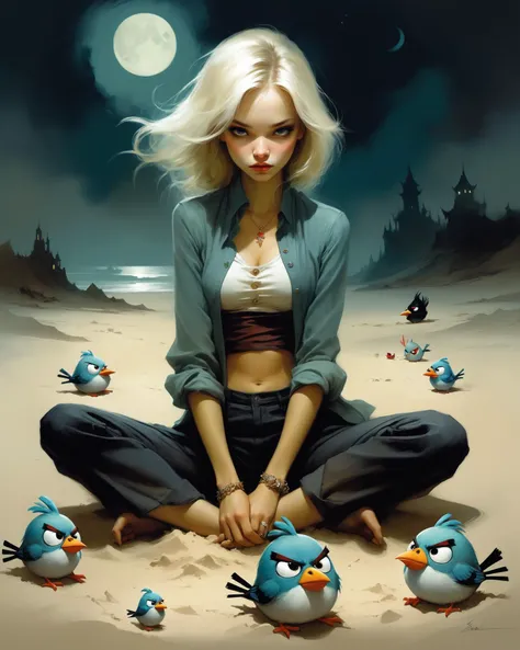 illustration by Anne Bachelier, a girl sasha luss , she is lying on the sand on her stomach, casual dressed, propping her chin with her hands, surrounded by angry birds, at night, <lora:add-detail-xl:2>, <lora:Randommaxx_merge_v1.1_lora_fp16:1,5>