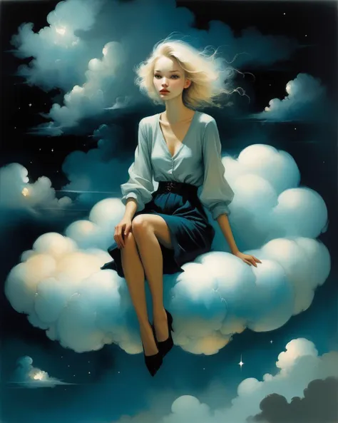 illustration by Anne Bachelier, a girl sasha luss casual dressed , she is sitting on a cloud shaped like a sofa, at night, sky <lora:add-detail-xl:2>, <lora:Randommaxx_merge_v1.1_lora_fp16:1,5>