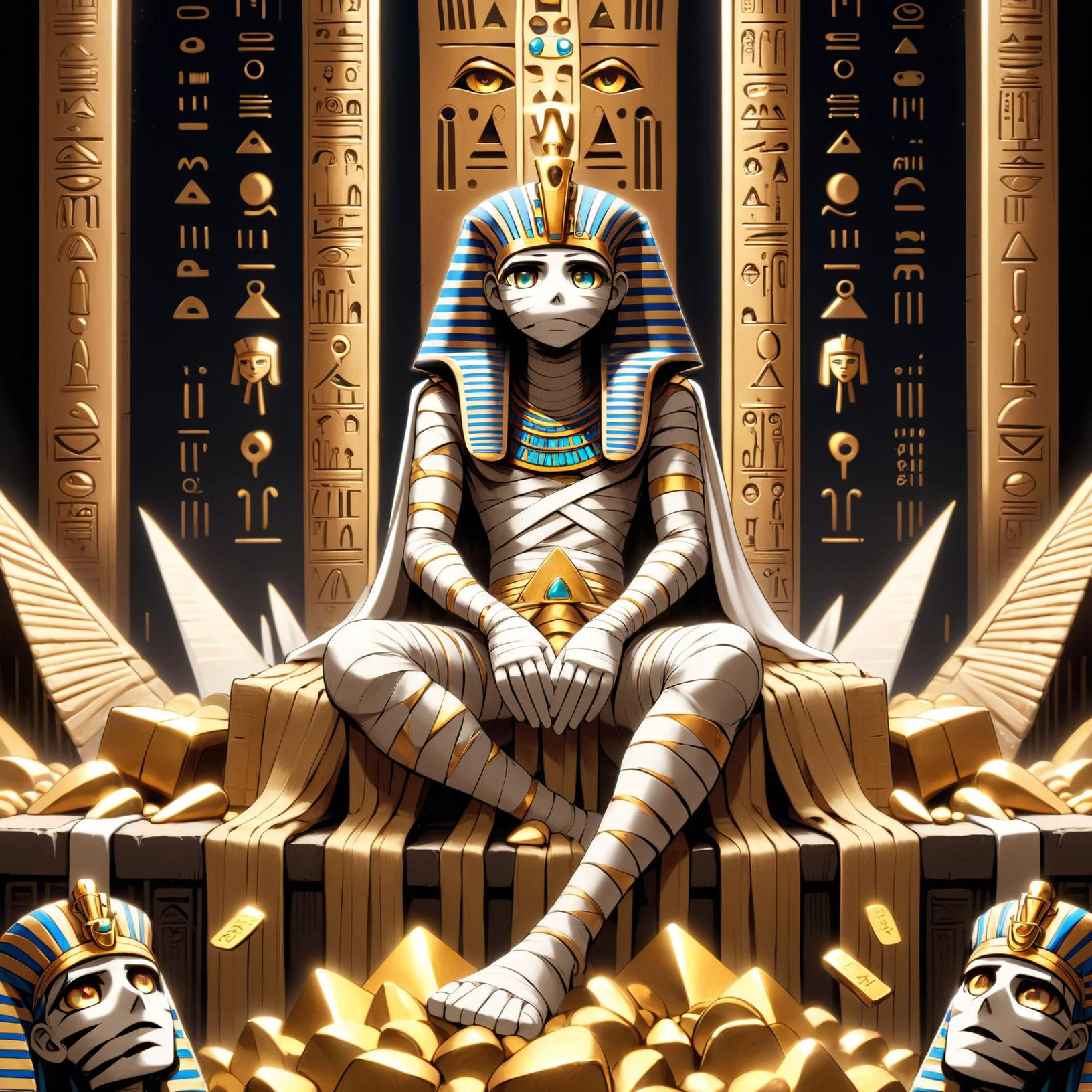 Adorable Kawaii, concept art <lora:DalE-3-FFusion-LoRA:1> Academic anime style, anime style by studio Ghibli of the mummy of a male pharaoh in (((mummy costume))) sitting on his lap and crying over a huge pile of gold, extreme angle, Professional, inviting, well-lit, high-resolution, property-focused, commercial, highly detailed, <lora:mummyXL:0.6> <lora:sdxl_lora_mummy-000005:0.6>