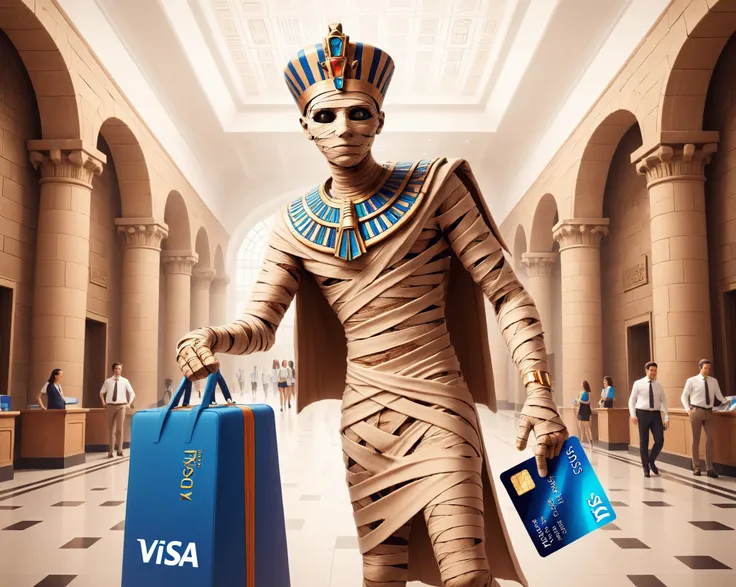 Academia, a male pharaoh mummy in (((mummy costume))) against the background of the bank building, posing for a photo ((with a VISA bank card in his hand)) with the inscription "VISA" on the card, extreme angle, Professional, inviting, well-lit, high-resolution, property-focused, commercial, highly detailed, <lora:mummyXL:0.6> <lora:sdxl_lora_mummy-000005:0.6>, preppy Ivy League style, stark, dramatic, chic boarding school, academia