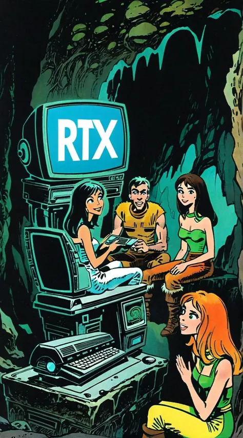 ajanicki, In a cave, a caveman and a woman are sitting in front of an old computer on the screen big text:"RTX". they radiate joy and surprise, captivated by the magic of the mysterious machine, surrealistic, brlla1 <lora:ajanicki:1> <lora:brlla1:0.8>