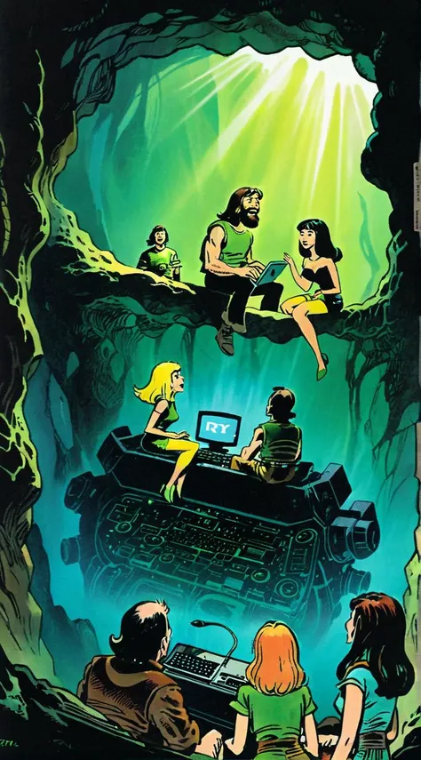 ajanicki, In a cave, a caveman and a woman are sitting in front of an old computer on the screen big text:"RTX". they radiate joy and surprise, captivated by the magic of the mysterious machine, surrealistic, brlla1 <lora:ajanicki:1> <lora:brlla1:0.8>