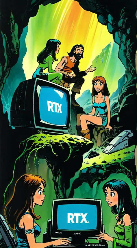 ajanicki, In a cave, a caveman and a woman are sitting in front of an old computer on the screen big text:"RTX". they radiate joy and surprise, captivated by the magic of the mysterious machine, surrealistic, brlla1 <lora:ajanicki:1> <lora:brlla1:0.8>