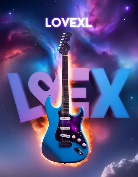 floating text "LoveXL" written in flames amid A backdrop of a cosmic nebula, swirling with vibrant hues of blue and purple, punctuated by distant stars, a silhouetted electric guitar in the foreground. Beneath the guitar floats the text "LoveXL" written in flames