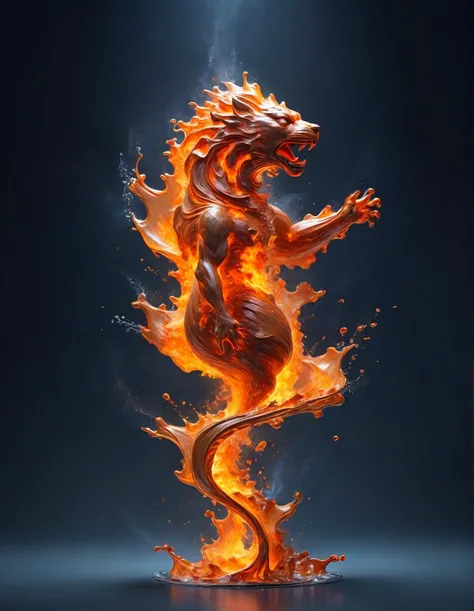abstract expressionism, intricately formed dynamic splash of fire and water in the shape of a lion.