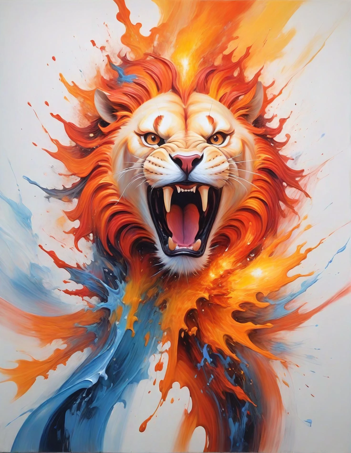 abstract expressionism, intricately formed dynamic splash of fire and water in the shape of a lion.