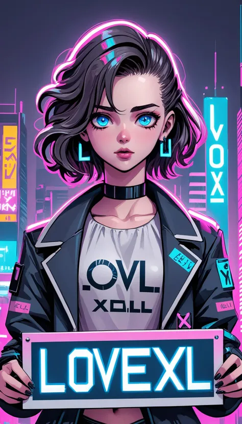 Academic Art Cyberpunk vaporwave city A cute woman with intricately detailed blue eyes holding a sign with the words "LoveXL" written in large bold writing.. Neon skyscrapers, dark streets, 80s grid art, sci-fi dystopia, Academic Art, often for academic techniques, formal compositions, or academic subjects.