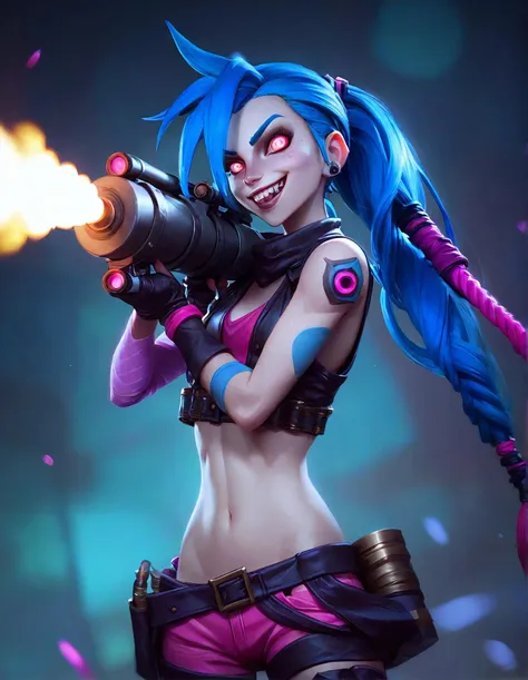 jinx league of legends, detailed eyes, firing a rocket launcher