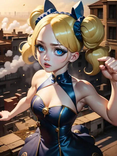 masterpiece, best quality, Bubbles, blue dress, blonde pigtails, pretty face, insanely detailed eyes, intense look, fighting pose, destroyed city, distant fires, rising smoke, <lora:Powerpuff:0.7>