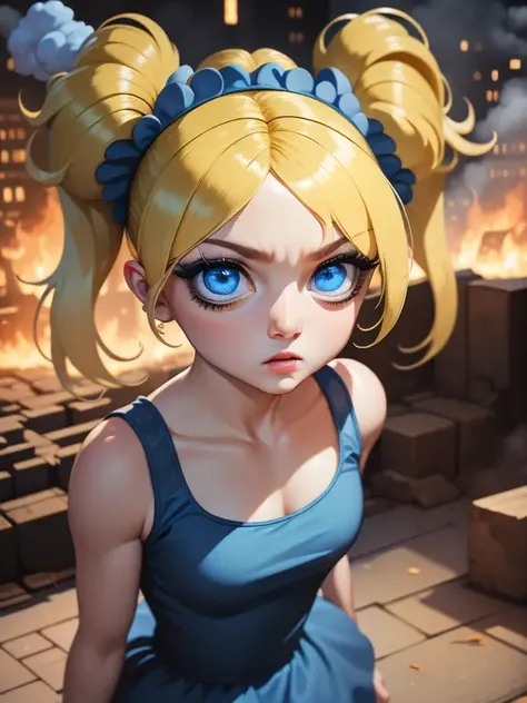 masterpiece, best quality, Bubbles, blue dress, blonde pigtails, pretty face, insanely detailed eyes, intense look, fighting pose, destroyed city, distant fires, rising smoke, <lora:Powerpuff:0.7>