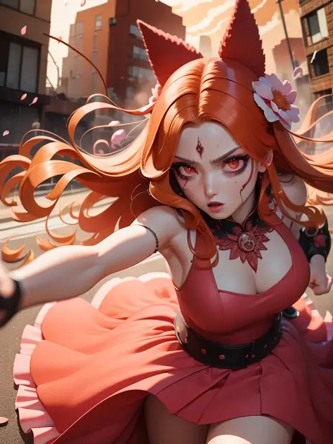 masterpiece, best quality, Blossom, pink dress, long red hair, pretty face, insanely detailed eyes, intense look, fighting pose, destroyed city, distant fires, rising smoke, <lora:Powerpuff:0.7>
