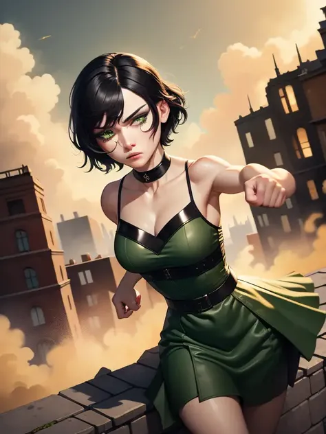 masterpiece, best quality, Buttercup, green dress, short black hair, pretty face, insanely detailed eyes, intense look, fighting pose, destroyed city, distant fires, rising smoke, <lora:Powerpuff:0.7>