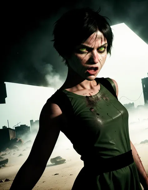 realistic, teen child girl, Buttercup, dirty ,bruised, rags, green dress, short hair, black hair, enraged, fighting pose, destroyed city, distant fires <lora:powerpuffGirls_v10:0.9>