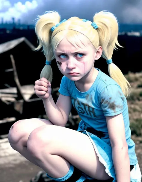 (realistic:1.1), teen child girl, Bubbles, dirty ,bruised, rags, light blue dress, blonde hair, pigtails, depressed, fighting pose, destroyed city, distant fires <lora:powerpuffGirls_v10:0.8>