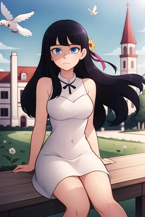 <lora:kiwi_v2_mix:0.7>,detailed_background,outdoors,solo,1girl,daisy,mixed-language_commentary,long_hair,oil_lamp,highres,ribbon,hair_flower,black_hair,white_dress,double-parted_bangs,grass,wind,falling_feathers,feet_out_of_frame,flower,hair_ribbon,fence,dress,dawn,floating_hair,wooden_fence,white_flower,purple_ribbon,blue_eyes,wind_lift,bird,sitting,closed_mouth,tower,absurdres,hair_ornament,looking_at_viewer,house,hakusyokuto,dove