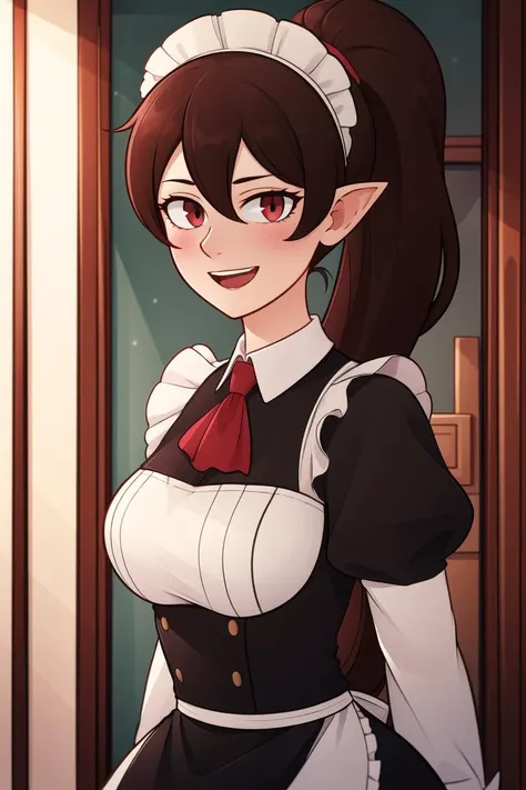 <lora:kiwi_v2_mix:0.7>,detailed_background,indoors,black_dress,puffy_sleeves,ascot,brown_hair,long_sleeves,smile,pointy_ears,ponytail,open_mouth,red_eyes,door,stairs,maid_headdress,maid,dress,blush,red_ascot,:d,indoors,jewelry,frilled_apron,apron,1girl,collared_shirt,arms_at_sides,looking_at_viewer,white_shirt,long_hair,juliet_sleeves,textless_version,shirt,solo,sidelocks,upper_body,frills,white_apron,railing,brooch,hair_between_eyes,elf_(stroll_in_the_woods)