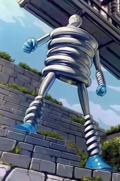 masterpiece, best quality,ultra detail, <lora:anmnr01:0.3> <lora:add_detail:0.5>,<lora:GoodHands-vanilla:0.8> ,robot,manga style,long shot,<lora:springmanV1:0.9>springman,(top of terraced stones ),from below,flash effect,fighting stance