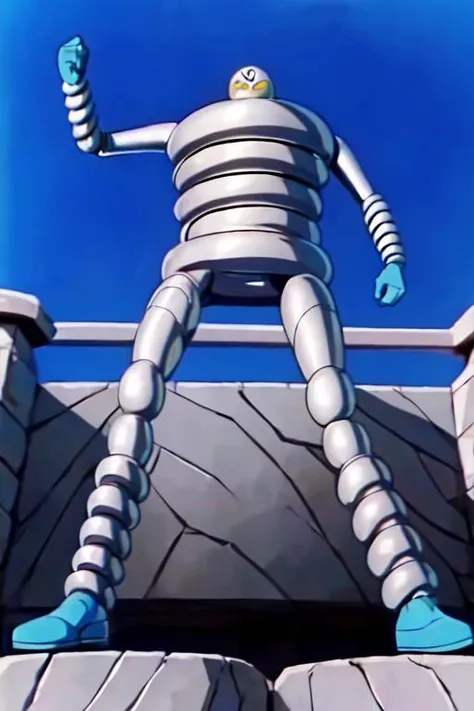 masterpiece, best quality,ultra detail, <lora:anmnr01:0.3> <lora:add_detail:0.5>,<lora:GoodHands-vanilla:0.8> ,robot,manga style,long shot,<lora:springmanV1:0.9>springman,(top of terraced stones ),from below,flash effect,fighting stance