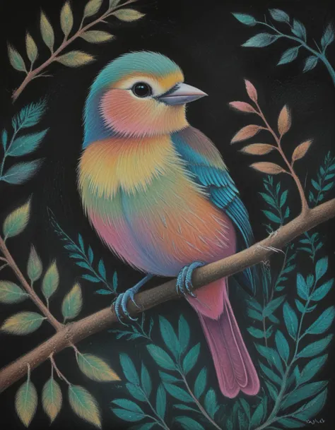 bird on a branch style of chalk pastels <lora:CBS_novuschroma13 style:1> novuschroma13