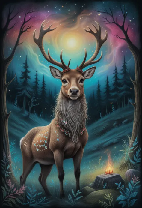 Reindeer, ancient burial ground with mystical energy, intricate details, ultra sharp, Exquisite detail, flawless composition, vivid colors, masterpiece, <lora:CBS_novuschroma13 style:1> illustration in the style of chalk pastels, novuschroma13 style