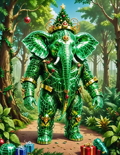 an AI Santa Overlord, A tinfoil elephant, with a tinfoil trunk, tinfoil ears, and tinfoil feet. Underneath the elephant is a tinfoil jungle with tinfoil trees and tinfoil vines. Maximalist art.