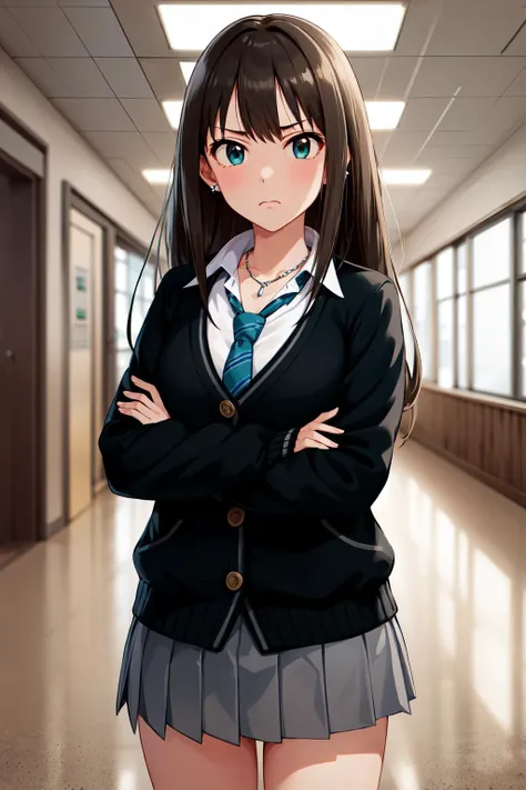 masterpiece, best quality, highres, aarin, long hair, earrings, necklace, school uniform, necktie, collared shirt, black cardigan, long sleeves, pleated skirt, grey skirt, <lora:shibuya_rin_v1:0.7>, crossed arms, standing, cowboy shot, frown, indoors