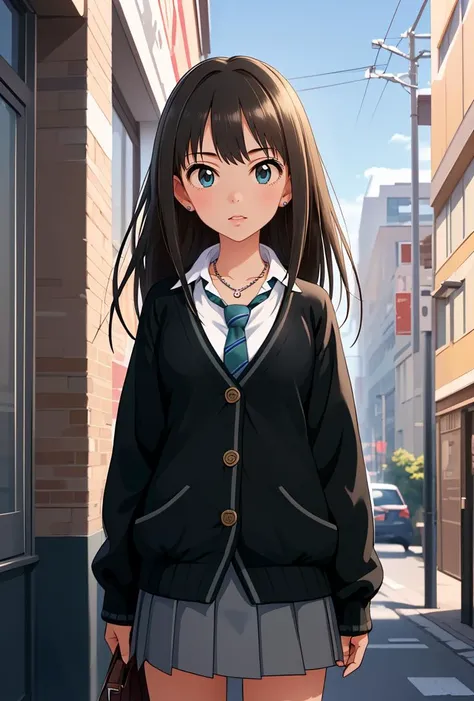 (masterpiece, best quality), 1girl, <lora:shibuya_rin_v1:0.8> aarin, long hair, earrings, necklace, school uniform, necktie, collared shirt, black cardigan, long sleeves, pleated skirt, grey skirt