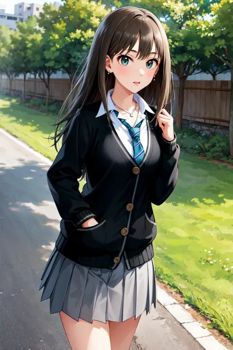 masterpiece, best quality, highres, aarin, long hair, earrings, necklace, school uniform, necktie, collared shirt, black cardigan, long sleeves, pleated skirt, grey skirt, <lora:shibuya_rin_v1:0.7>, standing, cowboy shot, outdoors