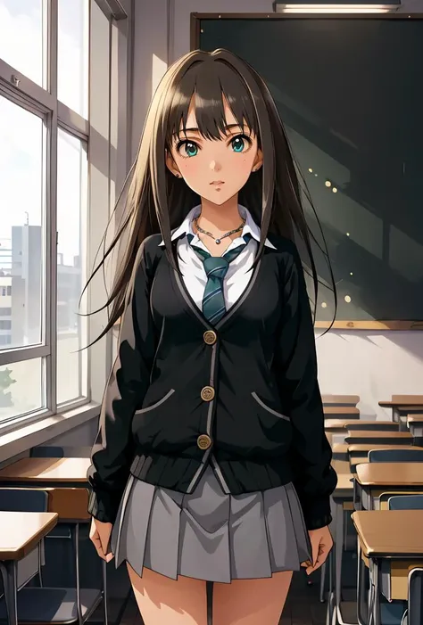 (masterpiece, best quality), 1girl,  <lora:shibuya_rin_v1:0.8> aarin, long hair, earrings, necklace, school uniform, necktie, collared shirt, black cardigan, long sleeves, pleated skirt, grey skirt