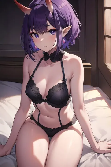 shutendouji, <lora:shutendoujitest:1>, shuten douji, (purple eyes:1.2), earrings, eyeshadow, horns, makeup, oni horns, purple hair, red eyeshadow, short eyebrows, short hair, single earring, (small breast:1.2), pointy ears,
BREAK lingerie,,
BREAK indoors, bed,
BREAK looking at viewer,
BREAK <lora:GoodHands-vanilla:1>, (masterpiece:1.2), best quality, high resolution, unity 8k wallpaper, (illustration:0.8), (beautiful detailed eyes:1.6), extremely detailed face, perfect lighting, extremely detailed CG, (perfect hands, perfect anatomy),