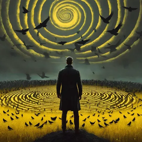 Horror-themed, <lora:carcosa city:1.5>
In an ancient and mysterious city a man standing in a field looking at a flock of yellow black birds forming a spiral yellow shape carcosa city style, Eerie, unsettling, dark, spooky, suspenseful, grim, highly detailed