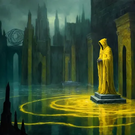 Dark Fantasy Art of <lora:carcosa city:1.5>
In an ancient and mysterious city a painting of a yellow creature in a fictional city in the water carcosa city style, dark, moody, dark fantasy style