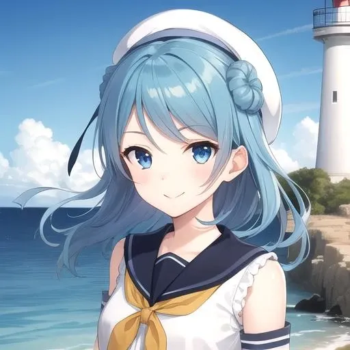 ((masterpiece)),(best quality),official art,extremely detailed CG,unity 8k wallpaper,ultra detailed,A lighthouse on a cliff by the sea,1girl,solo,upper body,(portrait:1.2),blue_hair,elbow_gloves,blue_eyes,school_uniform,serafuku,hair_bun,double_bun,white_headwear,yellow_neckerchief,white_gloves,pleated_skirt,sailor_hat,smile,long_hair,white_socks,<lora:Urakaze(kan)>,