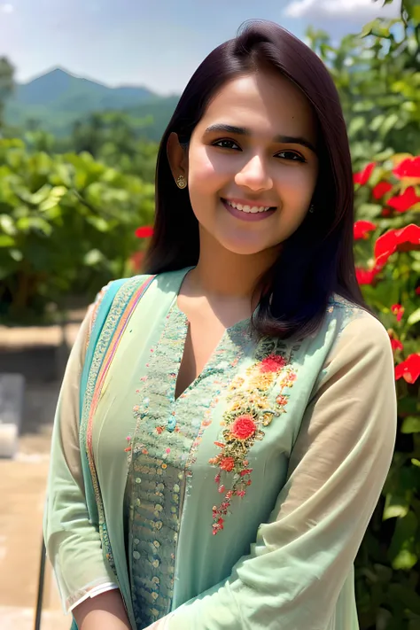 beautiful girl green dress smiling  cinematic realistic  <lora:sravani_Lora-06:1>