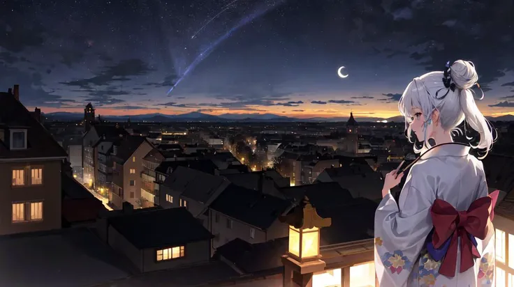 masterpiece, best quality, absurdres, aurora, building, cloud, cloudy sky, constellation, crescent moon, galaxy, gradient sky, hill, horizon, house, light particles, milky way, night, night sky, facing away, from behind, wide shot,
1girl, solo, white hair, kimono, top knot