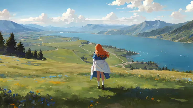 masterpiece, best quality, absurdres, blue sky, cloud, cloudy sky, day, facing away, field, from behind, grass, hill, horizon, lake, landscape, mountain, mountainous horizon, ocean, outdoors, river, scenery, sky, water, wide shot,
1girl, solo, orange hair, long hair, robe