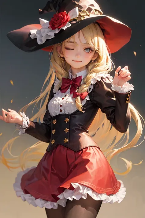 <(realistic:1.4), (extremely intricate:1.2)>, 1girl, solo, one eye closed, hat flower, star (symbol), long hair, smile, witch hat, frills, red flower, white bow, long sleeves, blonde hair, single braid, red rose, looking at viewer, black headwear, center frills, bowtie, bangs, closed mouth, hands up,