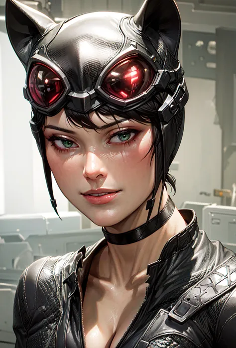 1girl, portrait of beautiful ctwmn, smile, black bodysuit, green eyes, short hair, choker, athletic, cleavage, black headwear, fake animal ears, goggles on head, volumetric lighting, best quality, masterpiece, intricate details, tonemapping, sharp focus, hyper detailed, trending on Artstation, realistic, <lora:sxzCatwomanDC_sxzCatwoman:0.6>