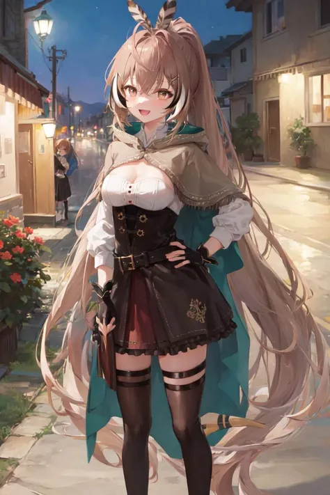 masterpiece, best quality, absurdres, perfect antomy, nanashi mumei, shirt, corset, cleavage cutout, cloak, ribbon, single thighhigh, red skirt, knife, belt, partially fingerless gloves, hairclip, feathers, ponytail, very long hair, cowbow shot, standing, smile, :d, hands on own hips, outdoors, city, night, on street