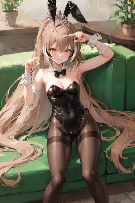 masterpiece, best quality, absurdres, perfect antomy, nanashi mumei, 1girl, solo, black leotard, cleavage, detached collar, fake animal ears, high heels, pantyhose, perspective, playboy bunny, rabbit ears, sitting, smile, very long hair, wrist cuffs, ponytail, couch, on couch, medium breasts