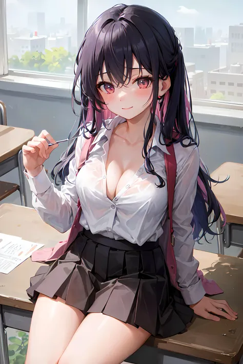 masterpiece, best quality, absurdres, perfect antomy, 1girl, bangs, colored inner hair, black hair, pink hair, bra, bra visible through clothes, bralines, breasts, pink eyes, classroom, cleavage, collarbone, desk, from above, medium breasts, long hair, on desk, pleated skirt, school desk, school uniform, see-through, shirt, sitting, sitting on desk, skirt, solo, thighs, blush, smile