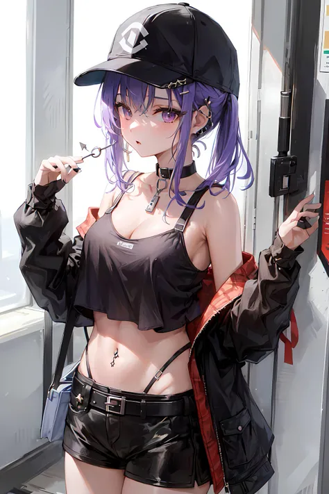 masterpiece, best quality, absurdres, perfect antomy, 1girl, solo, bag, bangs, bare arms, bare shoulders, black belt, black baseball cap, black shirt, cleavage, crop top, ear piercings, jewelry, medium breasts, looking at viewer, navel, purple eyes, shorts, train interior, leaning, piercing, standing