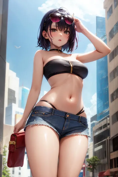 headshades, flat chest, bandeau, (wide hips:1.2), from below, looking at viewer, looking down, jean shorts, cityscape, :o, <lora:SunglassesOnHead:0.6>