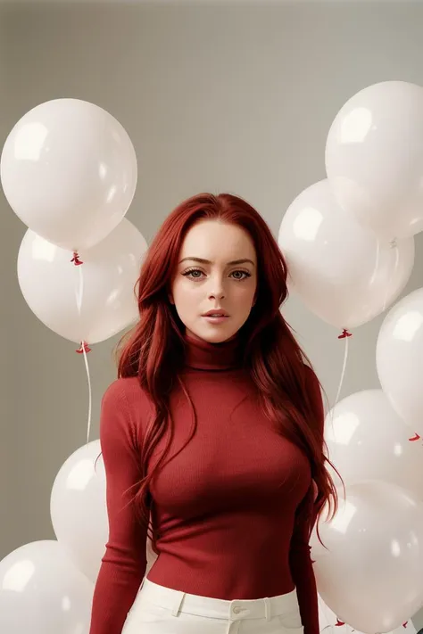 <lora:lindsaylohan-06:0.6>,,lindsaylohan,  , photo of a woman,  ,fashion portrait photo of a woman from the 60s wearing a red turtleneck standing in the middle of a ton of white balloons, taken on a hasselblad medium format camera